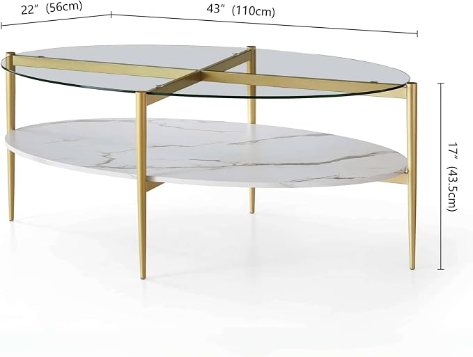 LumFurn Oval Glass Coffee Table, Mid-Century Modern Design, L43 x W22 x H17 inch, Surfboard Shaped Clear Glass Top and White Marble Finish Wood Shelf, Tapered Legs with Gold Finish Frame