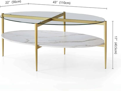 LumFurn Oval Glass Coffee Table, Mid-Century Modern Design, L43 x W22 x H17 inch, Surfboard Shaped Clear Glass Top and White Marble Finish Wood Shelf, Tapered Legs with Gold Finish Frame
