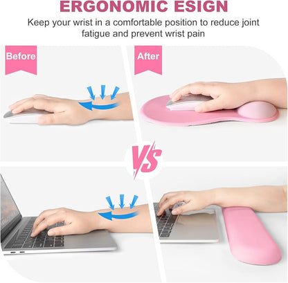 4-in-1 Large Gaming Mouse Pad, Keyboard Wrist Rest Pad & Wrist Support Mousepad Set, Extended Desk Pad Waterproof Desk Mat for Girl Women Home Office Decor Study Game 35.4×15.7 Inches I Soft Pink