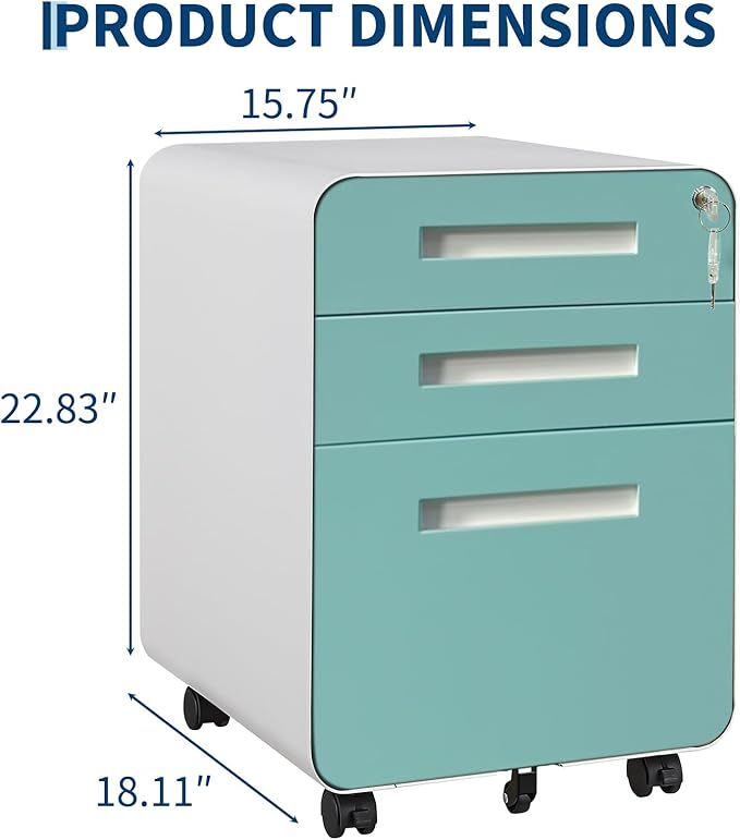 Garvee 3 Drawer File Cabinet with Lock, Under Desk Metal Mobile Filing Cabinet for Home Office, 5 Wheels Anti-Tipping Rolling File Cabinets for A4/Letter/Legal Size, Fully Assembled, Blue