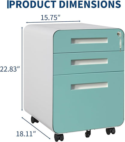 Garvee 3 Drawer File Cabinet with Lock, Under Desk Metal Mobile Filing Cabinet for Home Office, 5 Wheels Anti-Tipping Rolling File Cabinets for A4/Letter/Legal Size, Fully Assembled, Blue