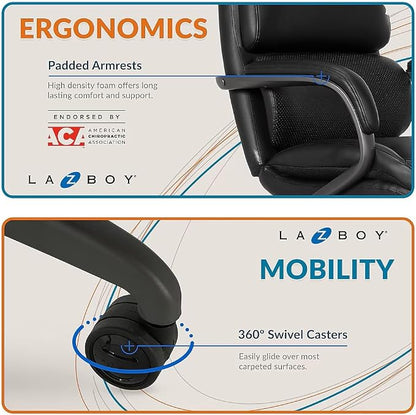 La-Z-Boy Aberdeen Ergonomic Executive Office Chair, Bonded Leather, Swivel, Reclines, Adjustable Arms, Lumbar Support, Black
