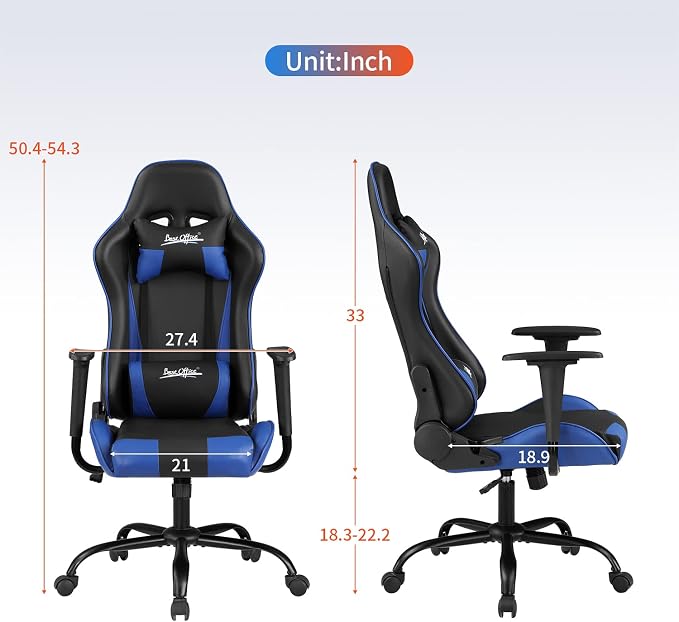 Gaming Chair Office Chair Desk Chair with Lumbar Support Headrest Armrest Task Rolling Swivel Ergonomic E-Sports Adjustable PC Gamer Chair Blue