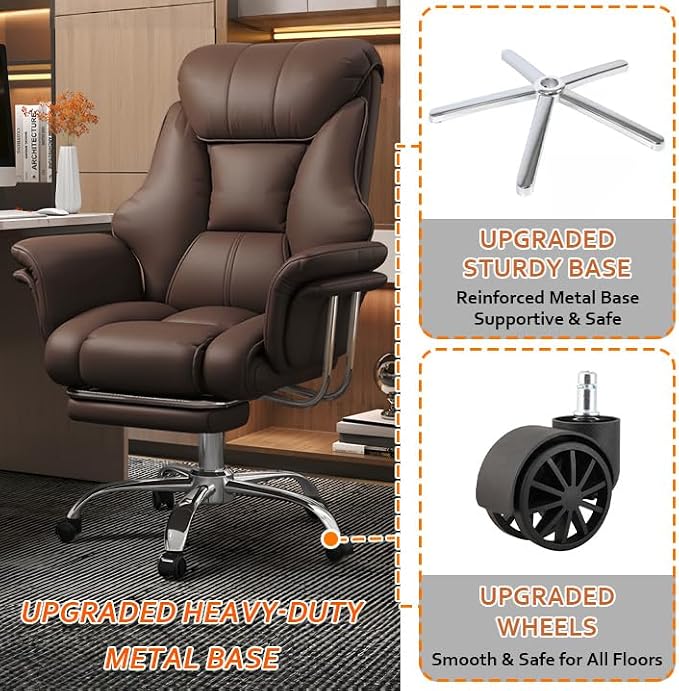Big and Tall Office Chair 550 lbs Extra Wide Leather Executive Chair with Retractable Footrest, Heavy-Duty Ergonomic Chair, Adjustable Height Computer Gaming Chairs
