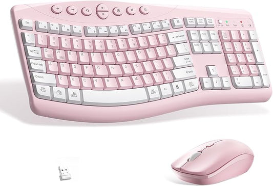Wireless Keyboard and Mouse Combo,2.4G Full Size Ergonomic Curved Silent Keyboard with Fn Multimedia Keys for Office and Home, 3-DPI Quiet Mouse for Windows,Mac OS Desktop/Laptop/PC (Light Pink-A)