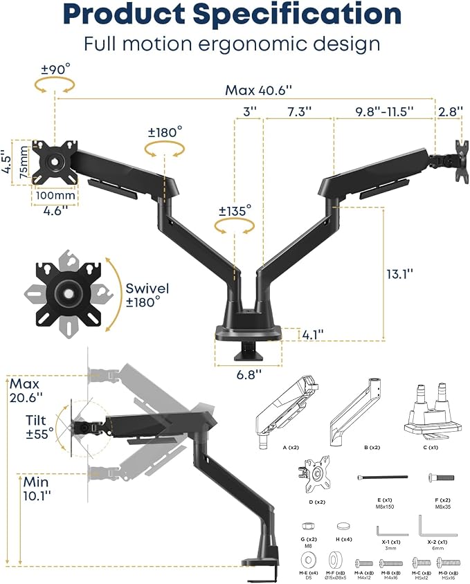 Dual Monitor Arm – fits 17-35 inch Heavy Duty Flat/Curved Monitors, Full Motion Adjustable Gas Spring Arms Hold 35.2 lbs per Arm with Clamp & Grommet Desk Mount, VESA 75/100mm, Black