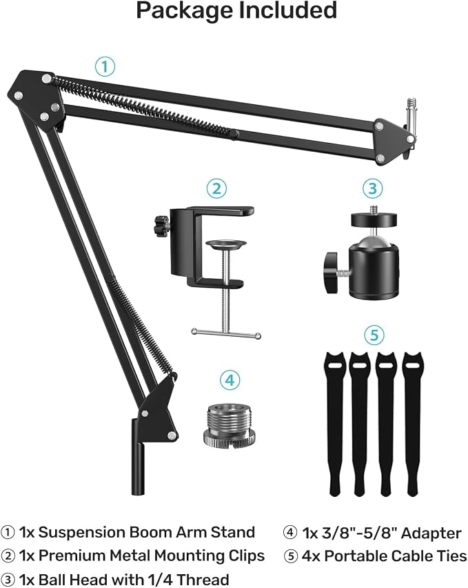 Webcam Stand, Boom Arm Camera Mount Stand for Logitech Webcam BRIO 4K C920 C920S C922 C922x C925e C930 NexiGo N60, 1/4"-3/8" and 3/8"-5/8" Screw for Blue Yeti Snowball Yeti Nano and Other Mics
