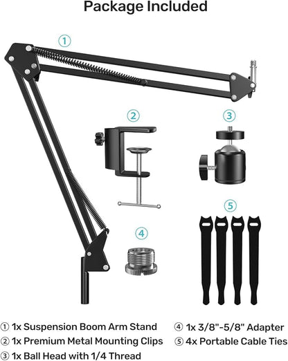 Webcam Stand, Boom Arm Camera Mount Stand for Logitech Webcam BRIO 4K C920 C920S C922 C922x C925e C930 NexiGo N60, 1/4"-3/8" and 3/8"-5/8" Screw for Blue Yeti Snowball Yeti Nano and Other Mics