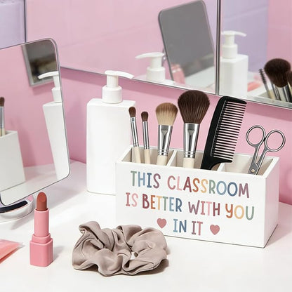 Boho Classroom Pen Pencil Holder for Desk, This Classroom Is Better with You in It Motivational Wooden Box Sign Decorations for Kids Room Bedroom Playroom Desk Tabletop
