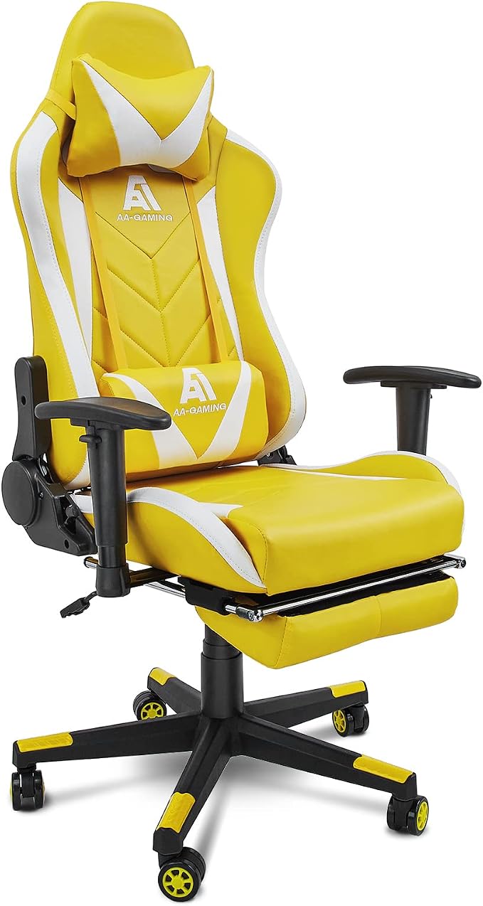 AA Products Gaming Chair - High Back Ergonomic Racing Chair with Footrest, Lumbar Support & Swivel - YellowWhite