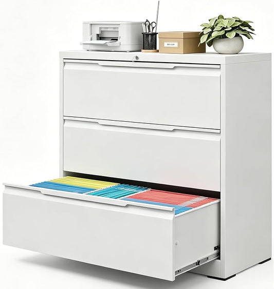 3 Drawer Lateral File Cabinet with Lock, Heavy-Duty Metal Filing Cabinet for Home Office, Steel Storage Compatible with Hanging Files Letter/Legal/F4/A4 Sizes (3 Drawer, White)