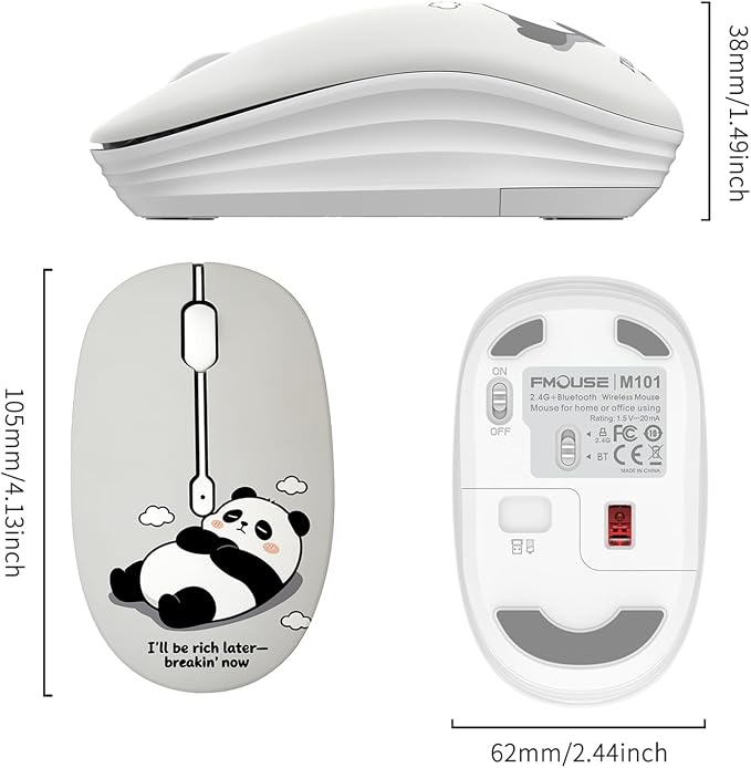 FMOUSE Cute Wireless Mouse, Bluetooth 2.4GHz Dual Mode with USB Receiver, Silent Click, AA Battery Powered, for Work Office Students, Compatible with Laptop Mac iPad PC (Slack Off Panda)