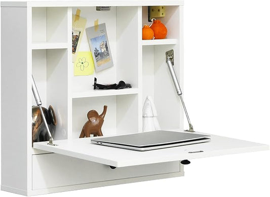 Tangkula Wall Mounted Desk, Pneumatic Floating Laptop Desk with Magnetic Foldable Tabletop, Space Saving Wall Mounted Table Wall Desk with Storage Drawer and Shelves (White)