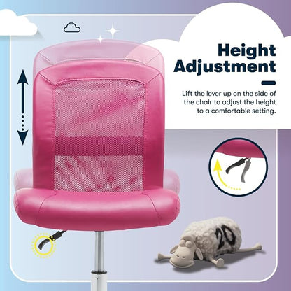 Serta Essential Armless Task Chair, Small Desk Chairs with Wheels, Breathable Mesh Back and Faux Leather, Quality Foam Cushion Seat for Comfort, Minimal Design for Vanity Table, Pink