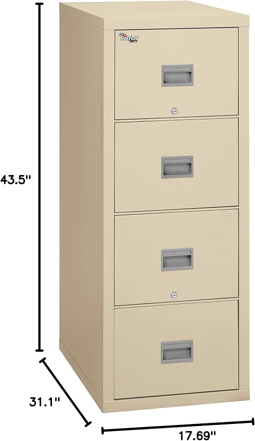 FireKing Patriot Vertical 4 Drawer Legal & Letter Fire Safe File Cabinet, Key Lock, 1 Hour Fire Rated UL Rated & Water Resistant, USA Made, Parchment