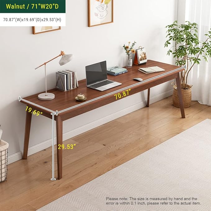 NELYE Mid-Century Long Desk Table - 71" Simple Modern Extra Long 2-Person Wood Computer Workstation for Home Office Work in Walnut, 71" W x 20" D