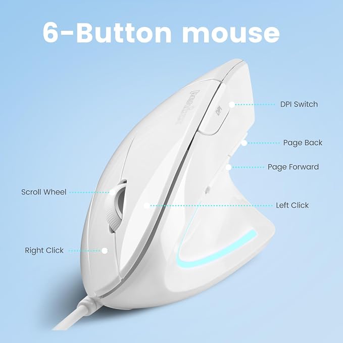 Perixx PERIMICE-513W Wired Ergonomic USB Mouse - 6 Buttons with 1000/1600 DPI - Vertical Right-Handed Design - White (Pack of 2)