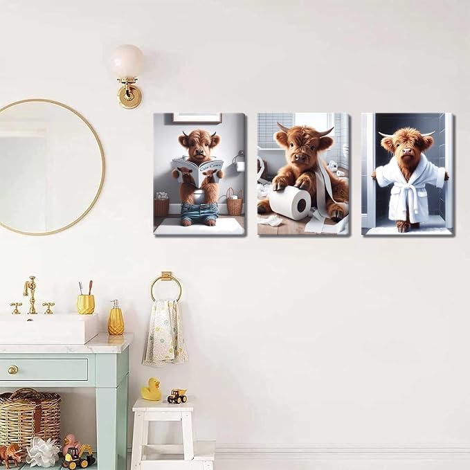 Highland Cow Funny Bathroom Wall Art Set of 3 Brown Cute Cow Animal Canvas Posters Prints Vintage Rustic Farmhouse Home Pictures Wall Decor Painting for Bathroom Restroom 16x24Inch Framed