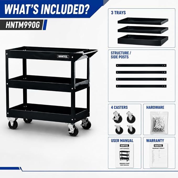 Hantec 3-Tier Rolling Mechanic Tool Cart – Heavy-Duty Steel Service Cart on Wheels with 360° Swivel Lockable Casters & Ergonomic Handle, 220 LBS Capacity, 31.9" L x 15" W x 30.7" H, Tool Organizer