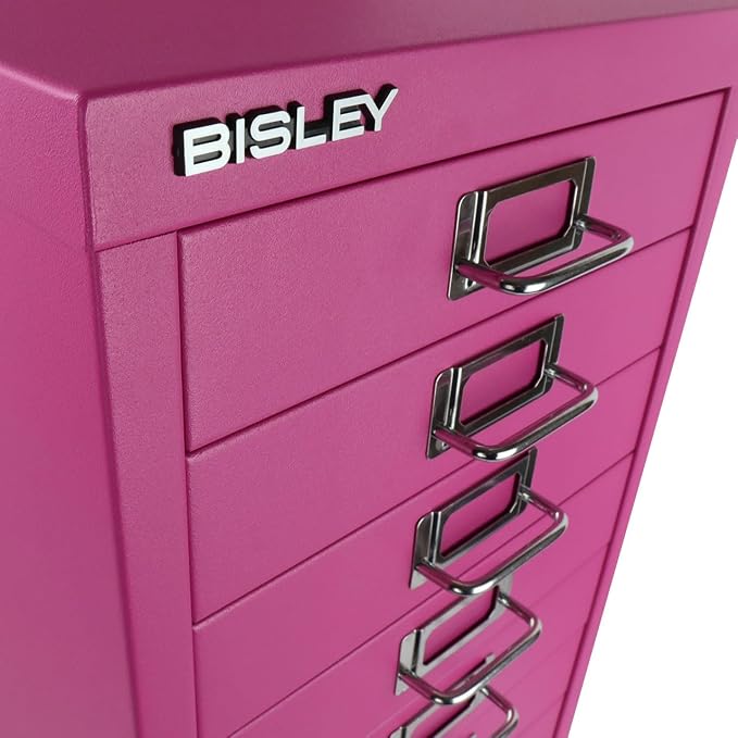 Bisley 10-Drawer Steel MultiDrawer Cabinet - Fuchsia | Chrome Pull Handles with Label Holders, Powder-Coated Steel, Removable Drawers, Fits Under Most Desks, Labels Included