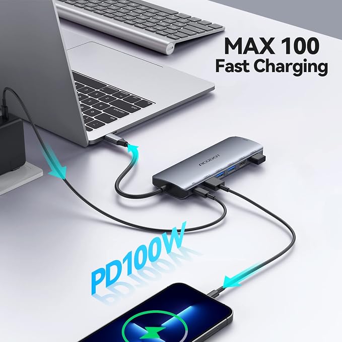 USB C Hub, 9-in-1 Multi-Port USB Adapter, 4K@60Hz HDMI, 100W Max PD, 3 USB3.0(5Gbps) + 2 USB2.0 Data Ports, SD/TF Card Reader for MacBook, iPad Pro, Dell, HP, Lenovo, Windows Laptop