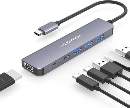 LENTION 6-in-1 USB C Hub, 4K@60Hz HDMI, 100W PD, 3 USB 3.0, USB-C Data | Ideal for Work & Study, Stable Driver 3.0 Adapter, Compatible with macOS, iOS/iPadOS, Windows & ChromeOS (CE35p, Space Gray)
