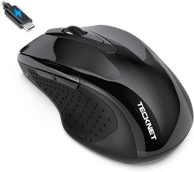 TECKNET Rechargeable Jiggler Wireless Mouse (BT5.0/3.0 & 2.4G) 4800 DPI Silent USB A & Bluetooth Mouse 6 Buttons, Wide Compatibility - Black