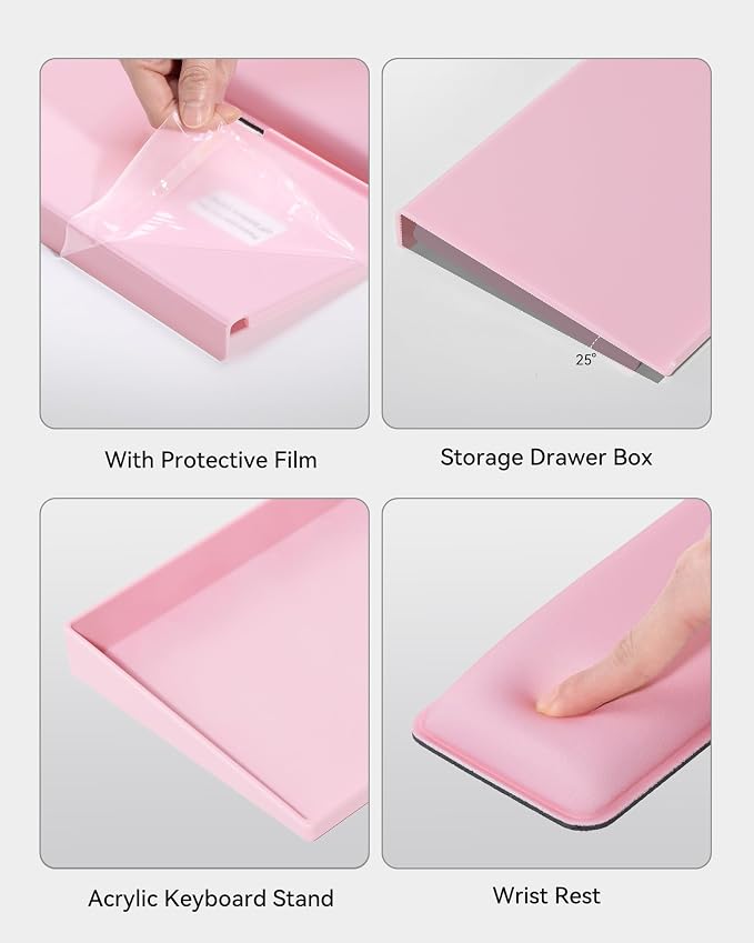 Laborio Computer Keyboard Stand with Storage Box, Keyboard Riser Wrist Rest for Desktop, Office Desk Organizer Accessories(Pink)