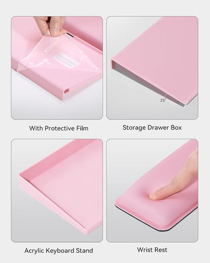 Laborio Computer Keyboard Stand with Storage Box, Keyboard Riser Wrist Rest for Desktop, Office Desk Organizer Accessories(Pink)