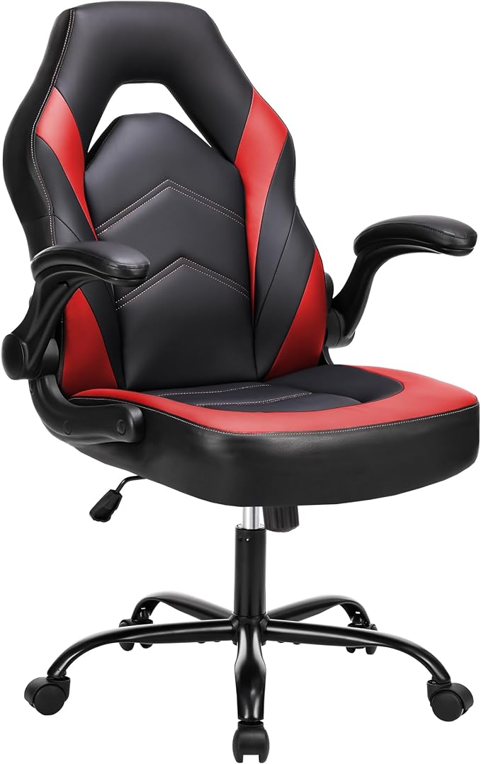 NEWBULIG Gaming Office Chair, Ergonomic High-Back with Flip-Up Armrests, Adjustable Height, Lumbar Support, PU Leather Comfort Seat & 360° Silent Swivel Wheels, for Home/Office, Red