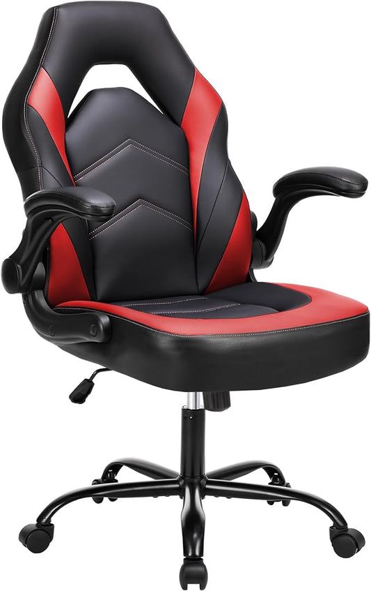 NEWBULIG Gaming Office Chair, Ergonomic High-Back with Flip-Up Armrests, Adjustable Height, Lumbar Support, PU Leather Comfort Seat & 360° Silent Swivel Wheels, for Home/Office, Red
