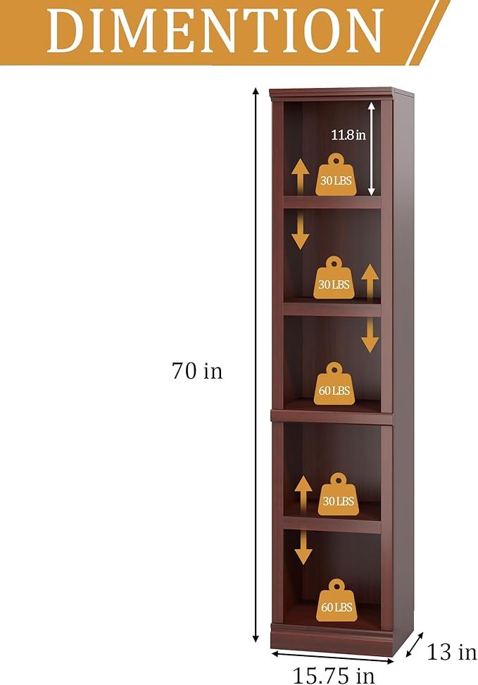 blini Wooden Bookshelf and Bookcase 5 Tier Narrow Bookshelves Set of 2, 72" Tall Bookshelf for Living Room, Home Office, Library (Mahogany, 5-Shelf Narrow)