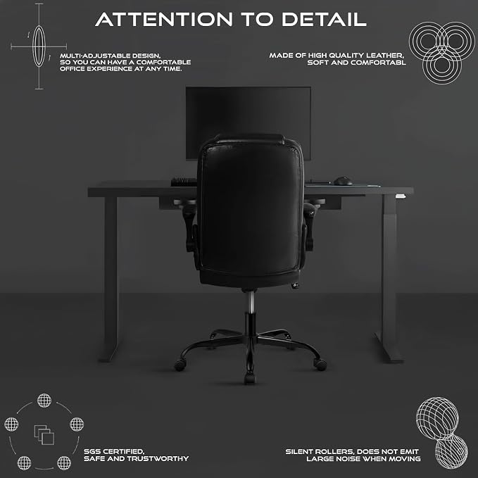 VITESSE Ergonomic Office Chair with Flip-up Armrests, Big and Tall Leather Executive Office Chair, High Back Lumbar Support Home Computer Desk Chair, Heavy and Duty Computer Chair (Black)
