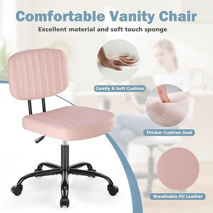 DUMOS Armless Home Office Chair: Small Desk Chair with Low Back Lumbar Support, Height Adjustable PU Leather Computer Task with 360° Swivel Wheels, for Adults, Pink