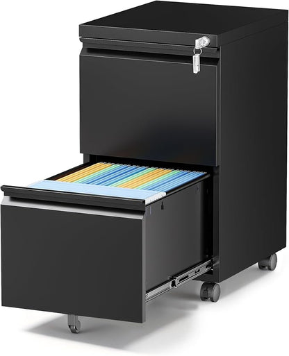 2 Drawer Metal File Cabinet with Lock, Rolling File Cabinets with Lock for A4/Legal/Letter Size, Under Desk Filing Cabinet for Home Office Assembly Required（Black）