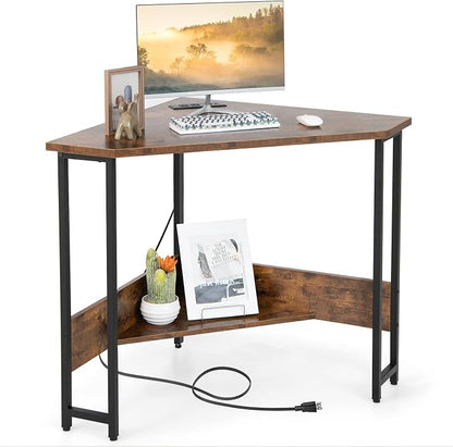 GOFLAME Corner Desk with Power Outlet, Triangle Computer Desk for Small Space, Space-Saving Writing Desk with Storage Shelf and Charging Station, Modern Laptop PC Desk for Home Office, Rustic Brown