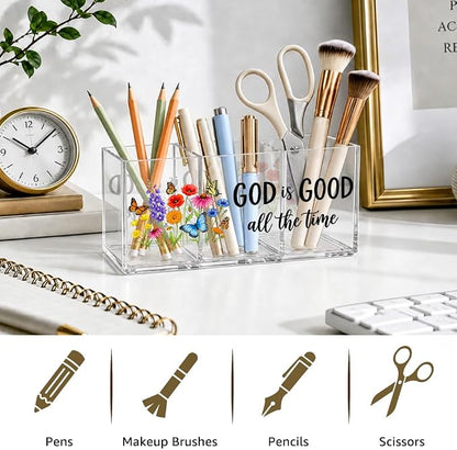 God Is Good All The Time 3 Compartment Acrylic Organizer Box with Wildflower & Butterfly, Desktop Storage for Pens, Makeup, Office Supplies, Cute Floral Desk Organizer for Home & Office Vanity