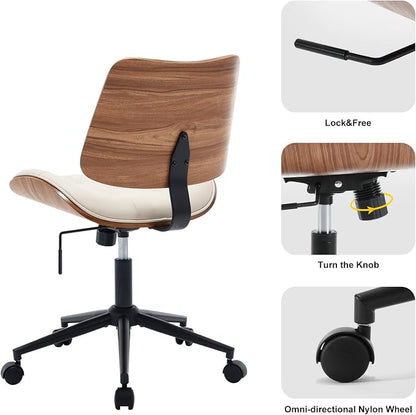 BV Armless Desk Chair with Wheels, 360 Swivel Home Office Chair No Arms, Height Adjustable Task Chair for Small Space, PU Leather Office Chair, Rolling Chair for Reading Room, Conference Room, Beige