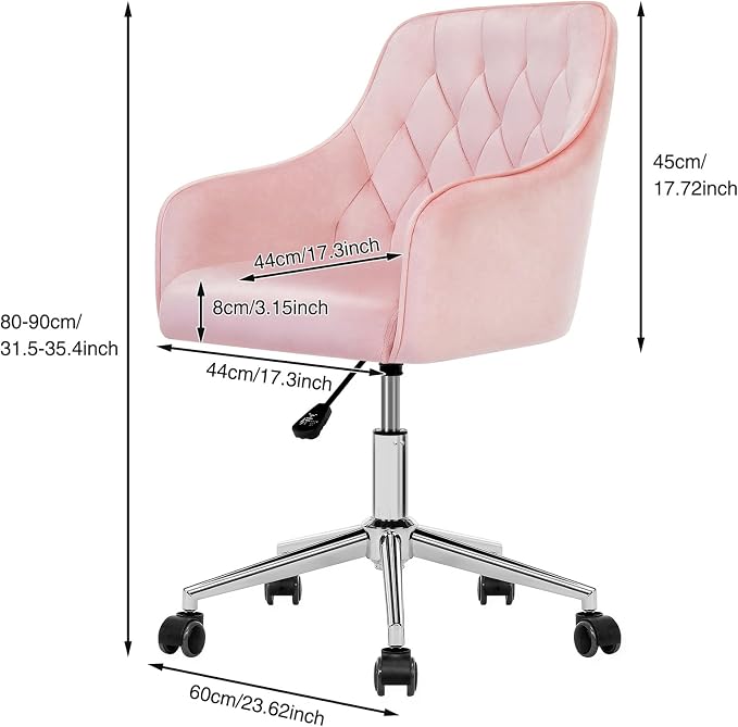 HOFFREE Velvet Office Chair Cute Vanity Chair with Wheels for Bedroom Upholstered Task Chair for Home Office (Pink)