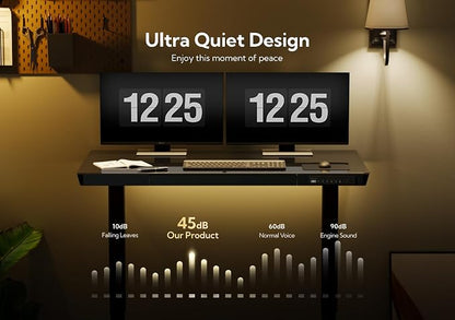 Claiks Glass Standing Desk with Drawers, 48×24 Inch Adjustable Stand Up Desk, Quick Install Home Office Computer with USB Ports, Black