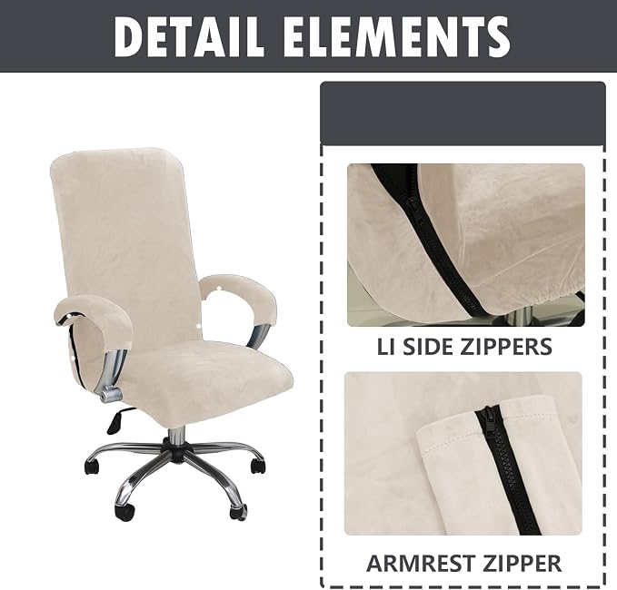 Velvet Plush Office Desk Computer Chair Cover for Executive, Beige, XL | Stretchable, Cat Proof with Wheels, Armrest Protector for Pets & Kids, Removable, For Ergonomic Mesh Computer Rolling Chair