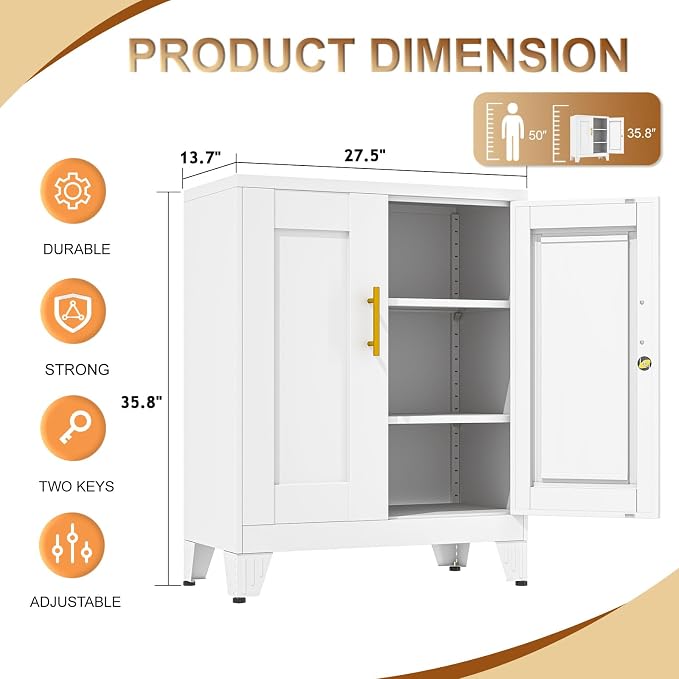 36" Metal Storage Cabinet with Lock,Steel Locker Organizer, Office File Cabinet with 2 Doors and 2 Adjustable Shelves,Outdoor Tool Garage Cabinets for Home Office,Gym,School,Warehouse(White)