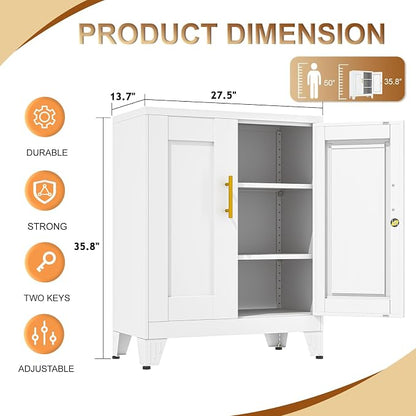36" Metal Storage Cabinet with Lock,Steel Locker Organizer, Office File Cabinet with 2 Doors and 2 Adjustable Shelves,Outdoor Tool Garage Cabinets for Home Office,Gym,School,Warehouse(White)
