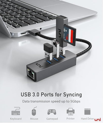 uni USB to Ethernet Adapter, USB 3.0 Hub with 100/1000 Mbps RJ45 Ethernet Driver Free, Sturdy Aluminum 4-in-1 USB-A to LAN Network Adapter Compatible with iMac, PC, Chromebook Laptops, and More