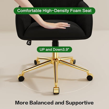 Home Office Desk Chair Comfy with Adjustable Swivel Wheels, Modern Velvet Makeup Vanity Chair with Back & Pillow, Ergonomic Office Chair Computer Task Chair for Living Room, Bedroom, Black