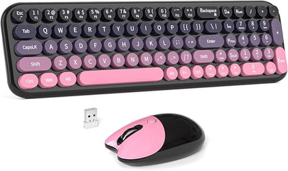 Wireless Keyboard and Mouse Combo, MOWUX Compact Typewriter Retro Round Computer Keyboard, Cute Optical Mouse Wireless, Plug and Play, for Laptop, PC, Computer- Plum Pink Gradient