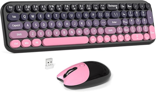 Wireless Keyboard and Mouse Combo, MOWUX Compact Typewriter Retro Round Computer Keyboard, Cute Optical Mouse Wireless, Plug and Play, for Laptop, PC, Computer- Plum Pink Gradient