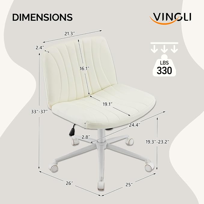 VINGLI Criss Cross Legged Chair,Wide Comfy Office Desk Chair,Dual-Use with/no Wheels Computer Task Chair,Swivel Armless Vanity Rolling Chair for Study,Make Up,Home Office,Cat Scratch PU Leather,Beige