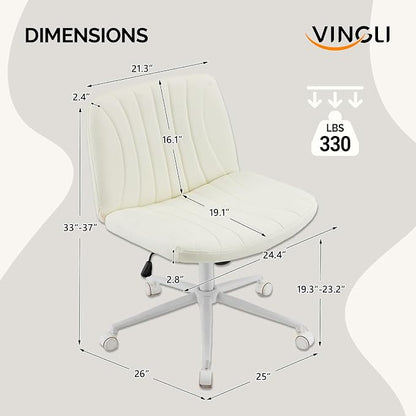 VINGLI Criss Cross Legged Chair,Wide Comfy Office Desk Chair,Dual-Use with/no Wheels Computer Task Chair,Swivel Armless Vanity Rolling Chair for Study,Make Up,Home Office,Cat Scratch PU Leather,Beige