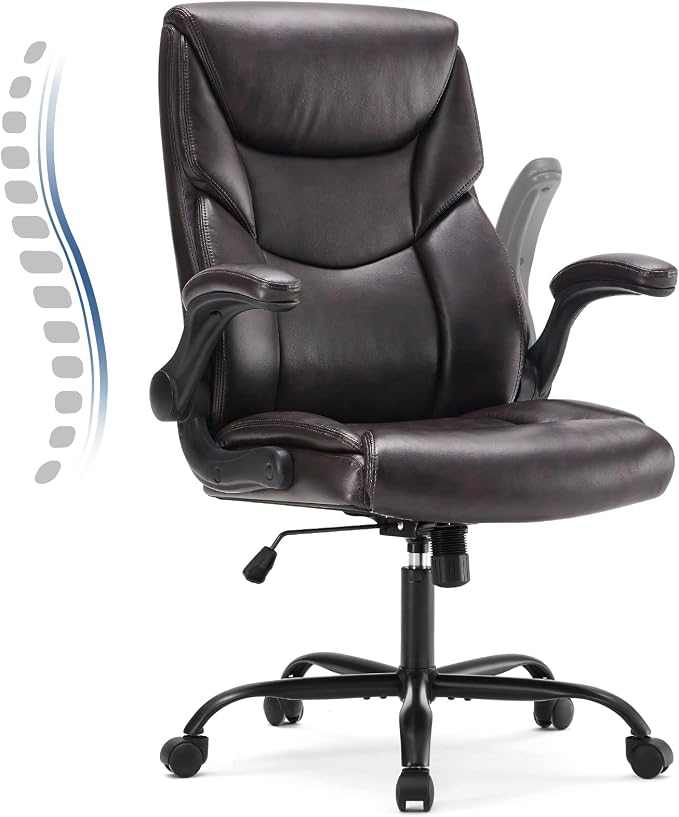 DUMOS Office Chair Set of 2 - Ergonomic Executive Computer Desk Chairs with Adjustable Flip-up Armrest, Swivel Task Chair with Lumbar Support, Strong Metal Base, PU Leather, Brown